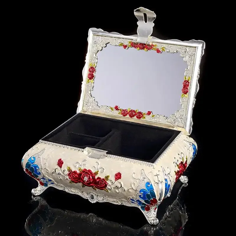 Luxury Silver Metal Jewelry Box Flower Castle Carved Multi Colors Enameled Pendant Rings Storage Boutique Casket Decor Case