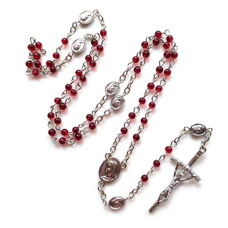 QIGO Red Small Glass Pearl Cross Rosary Necklace Long Crucifix Pendant For Women Men Religious Praying Jewelry