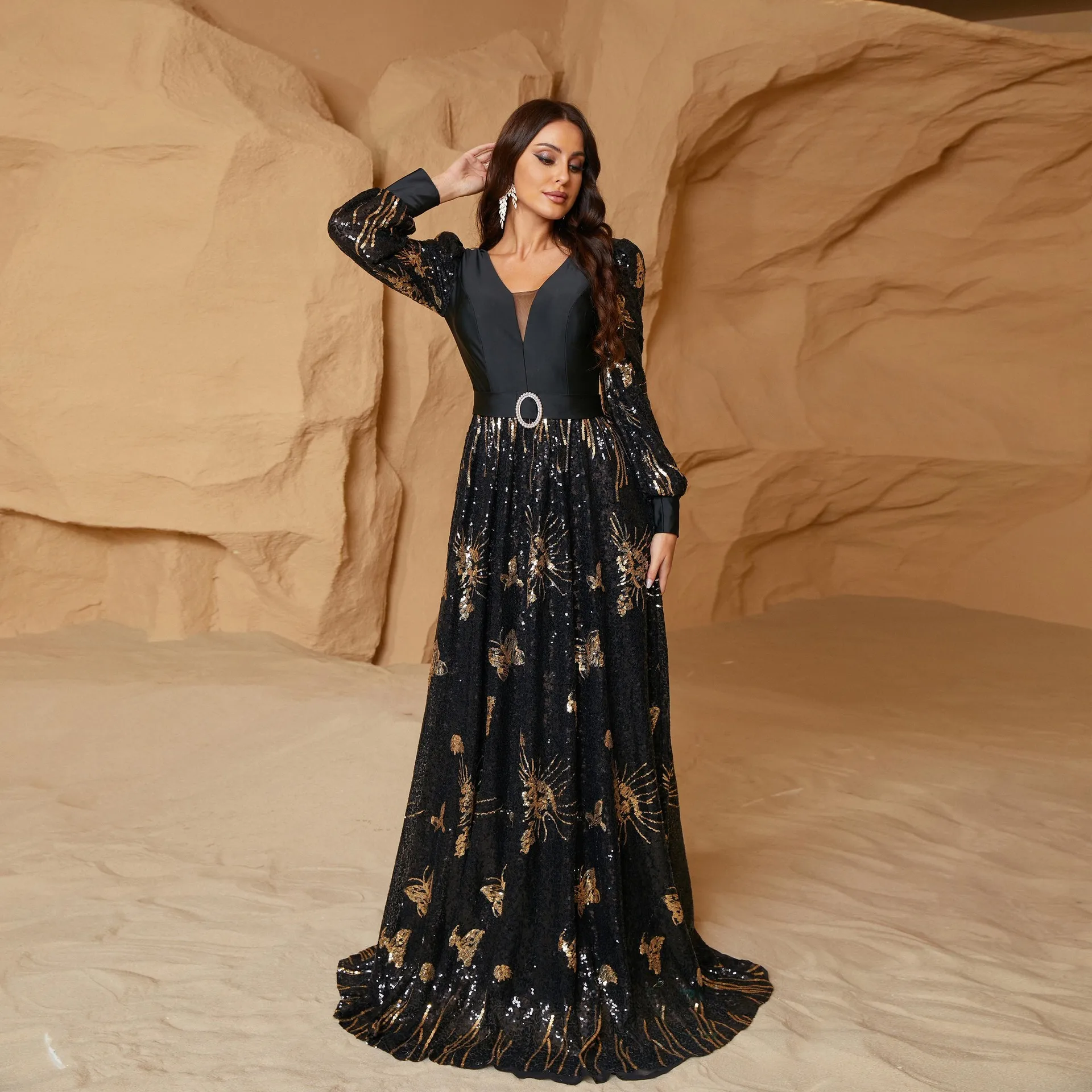 Women Chic Elegant party dress Long sleeve V Neck Backless Black Sequined Formal Occasion Evening Wedding Cocktail Maxi dress