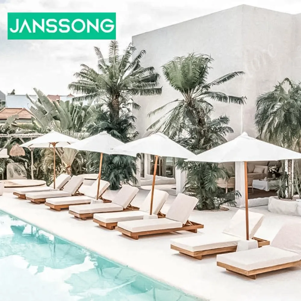 Wood Sunbed with Canopy Umbrella 10 Swimming Pool Outdoor Furniture for Beach Garden Hotel Pool Reciliner Sun Lounger Outdoor