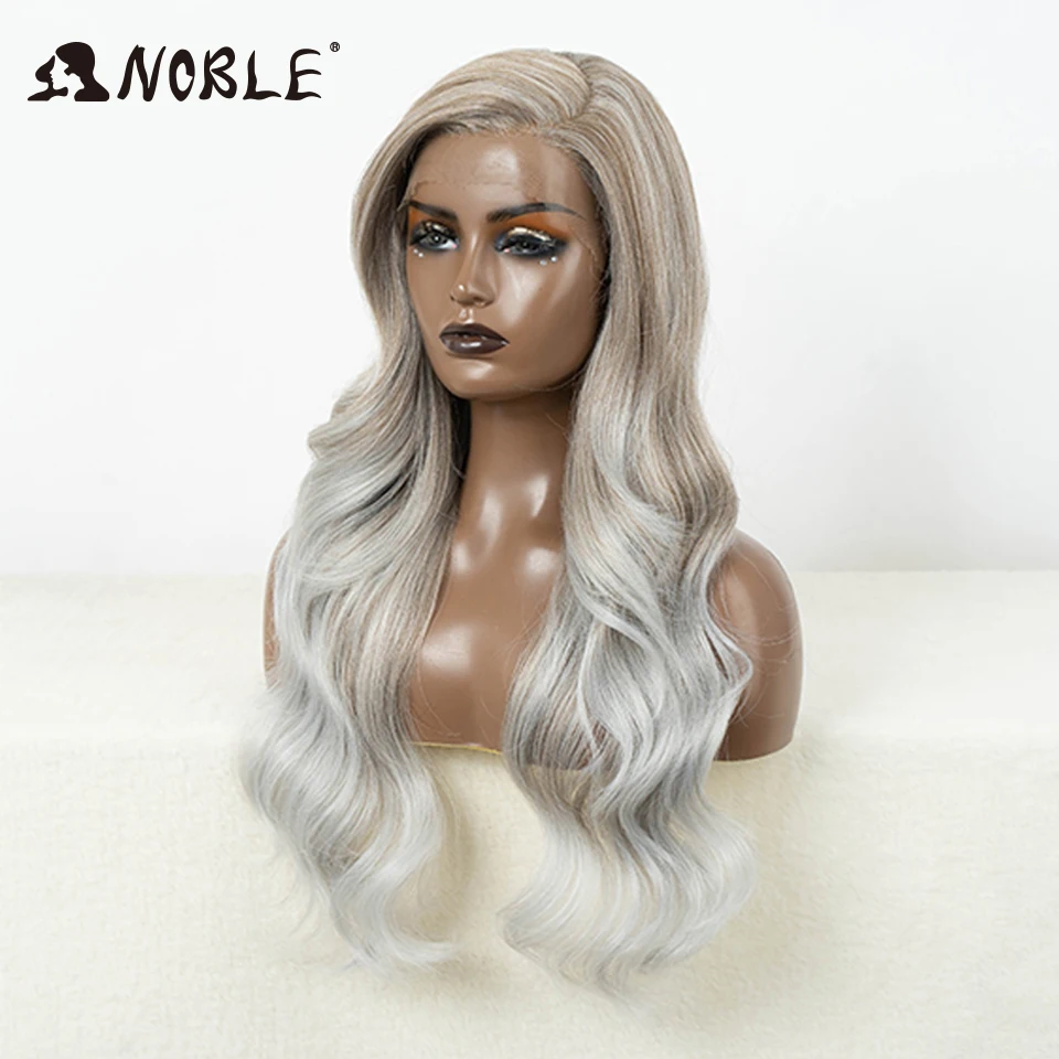 Noble Body Wave Synthetic Lace Front Wigs For Women C Part Wig 26 inches Ombre Brown Silver Colored Cosplay Lace Wig Synthetic