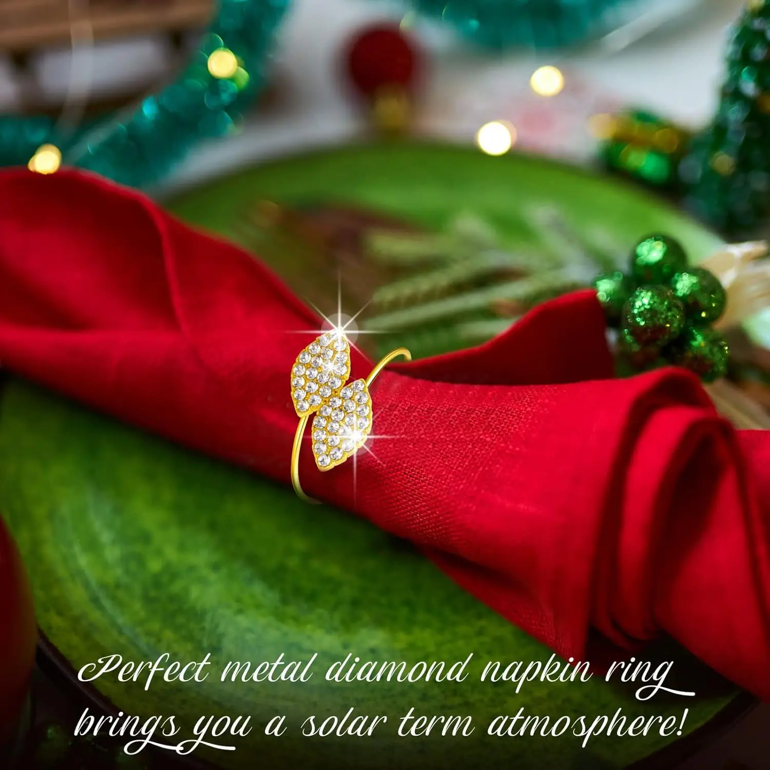 100 Pcs Gold Napkin Rings Set Bling Napkin Rings Metal Leaves Rhinestone Guest Towels Buckle for Wedding Party Gathering