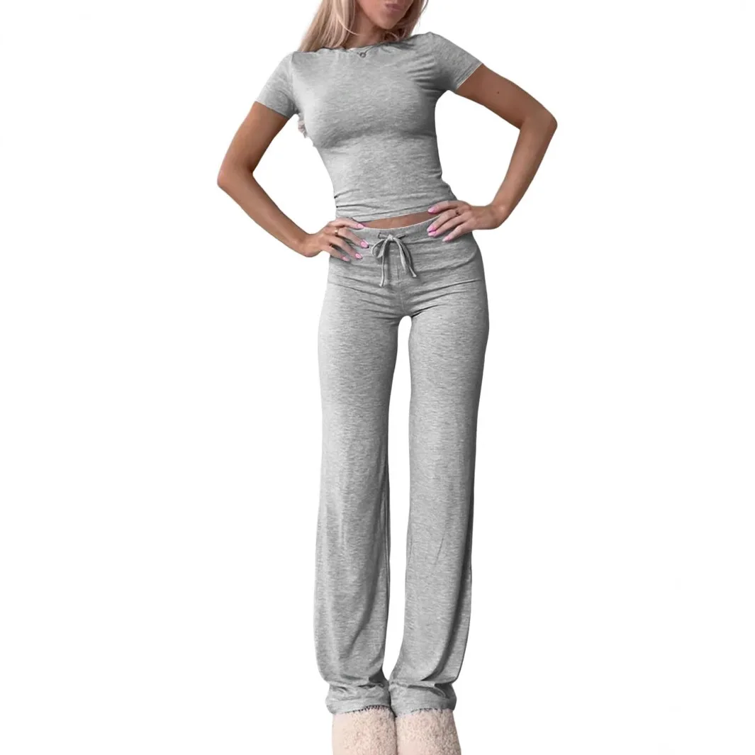 Solid Short Sleeve Long Pants Set Women's Casual Yoga Sportswear