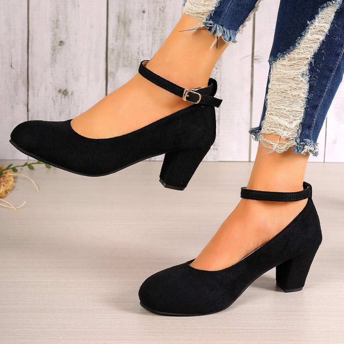 2024 Spring Summer Ankle-strap Shoes Woman Round Toe Thick Heel Buckle High Heels for Women\'s Fashion Party Pumps