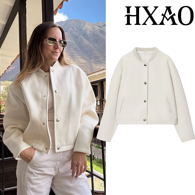

HXAO Demi-Season Women's Coat Cropped Bomber Jackets For Woman Faux Wool Baseball Jacket Long Sleeve Button New In Outerwears
