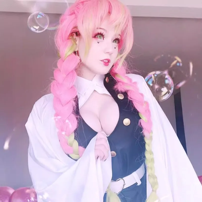 Beauty Anime Pink and Green Wig Kanroji Mitsuri Cosplay Braided Hair with Pigtails for Women Halloween Carnival Comic-Con Party