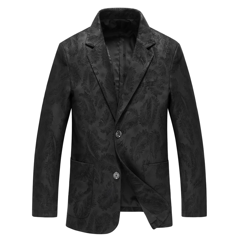 Men Clothing 2024 Male Genuine Leather Suit Collar Pocket Feather Printed Thin Jacket Slim Suit Coat Business Casual Veste Homme