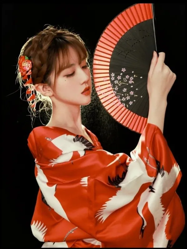 Vestido Kimono Tradicional Mejorado para Mujer, Estilo Japonés Formal con Gráficos de Grullas Grandes, Disfraz para Fotografía, Vestido para Fotografía de Niñas del Santuario