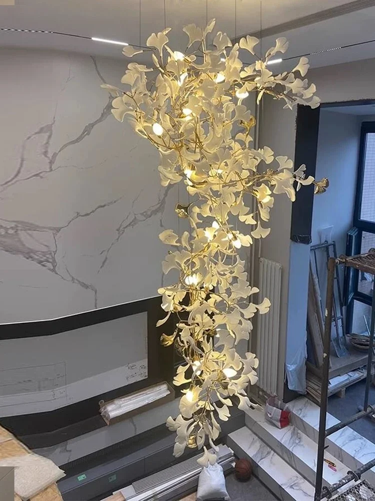 

Modern Luxury Staircase Chandelier Villa Duplex Designer Pick Empty Lobby Apartment Jump Floor Ginkgo Leaf Long Hanging Lighting