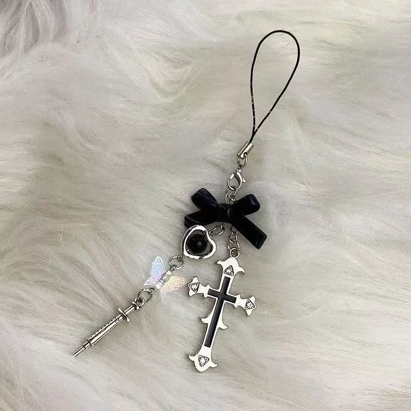 Porte-clés de téléphone en forme de cœur et de croix, 1 pièce, breloque, cadeau pour fille, chaîne mignonne, pendentif avec lanière pour IPhone et Samsung