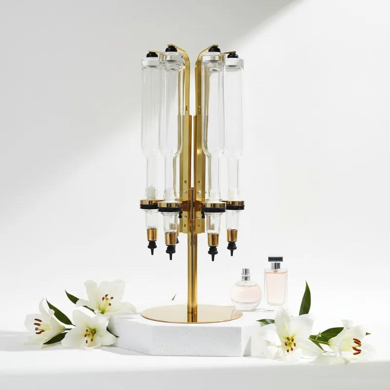 Gold rotatable perfume rack, store-wide perfume display rack with 6 pump heads perfume dispensers