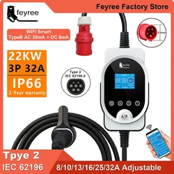 feyree 22KW EV Portable Charger 32A 3Phase Type2 Cable EVSE Wallbox Wi-Fi APP Smart Mobile Charging Station for Electric Vehicle