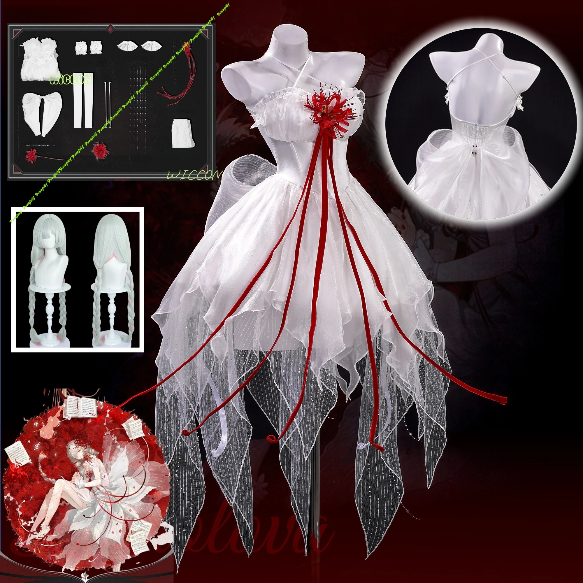 Wuthering Waves Phrolova-Disfraz de Cosplay, vestido con peluca, araña blanca, lirio, vestido en capas, tocado, fiesta de Halloween para mujeres y niñas, accesorios