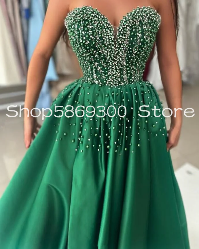 Sparkly Green Ankle-length Evening Formal Dresses 2025 Luxury Crystal Pearls High Slit Arabic Prom Occasion Gown Customsized