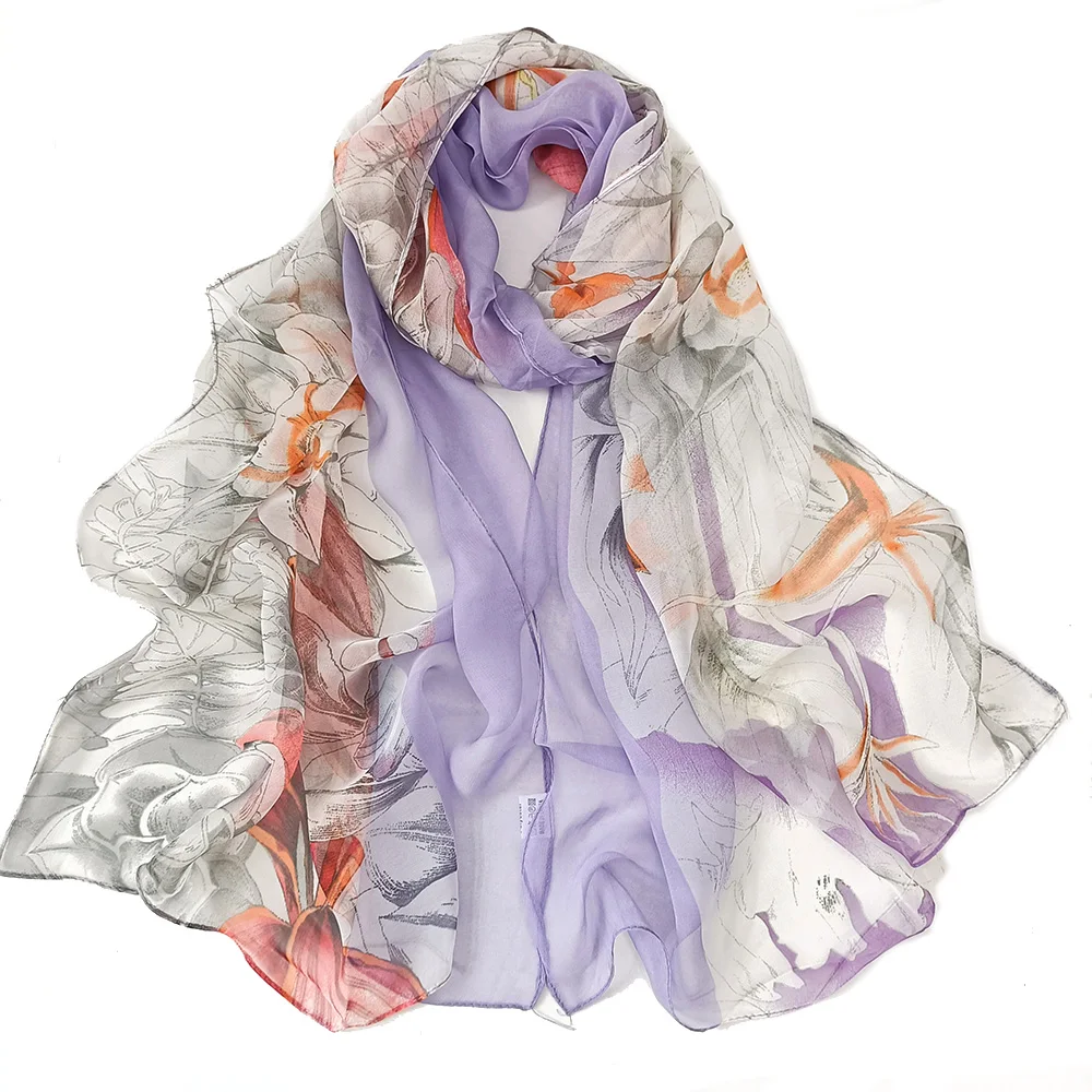 Summer Women Foulard Elegant Chiffon Georgette Gradient Flower Bandana Scarf Beach Sunscreen Thin Breathable