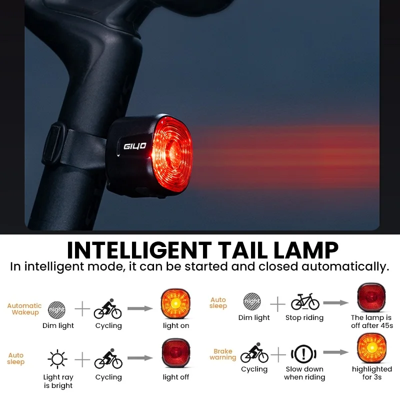 Giyo Smart Bicycle Rear Lamp Auto On/Off Stop Signal Brake Road Bike LED Taillight USB Charge MTB Cycling Safety Flash Lamp