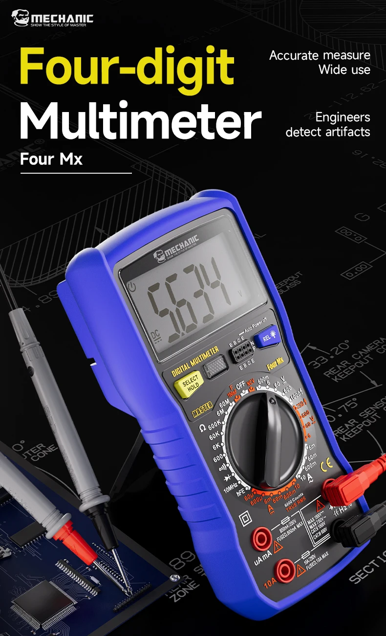 【MECHANIC】 FourMx True RMS Digital Multimeter 6000 Counts NCV Diode Test Data Hold Auto Power Off Circuit Component Tester