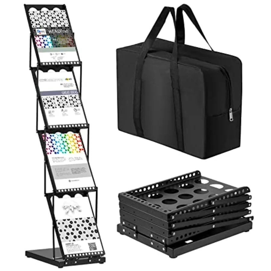 

1 Piece Foldable Magazine Rack Metal Catalog Literature Rack Portable 4 Pockets with Carrying Bag Brochure Stand Literature Dis
