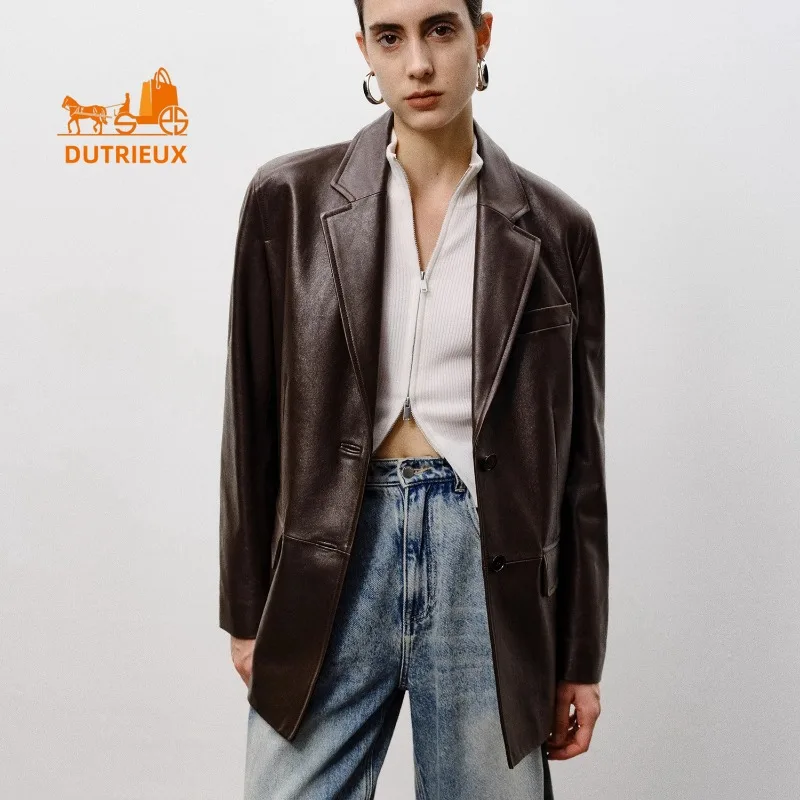 Winter-Damenanzugjacke aus lockerem Leder mit leicht breiter Schulterpartie, 100 % echtes Schaffell, stimmungsvoller, schlichter, klassischer Ledermantel