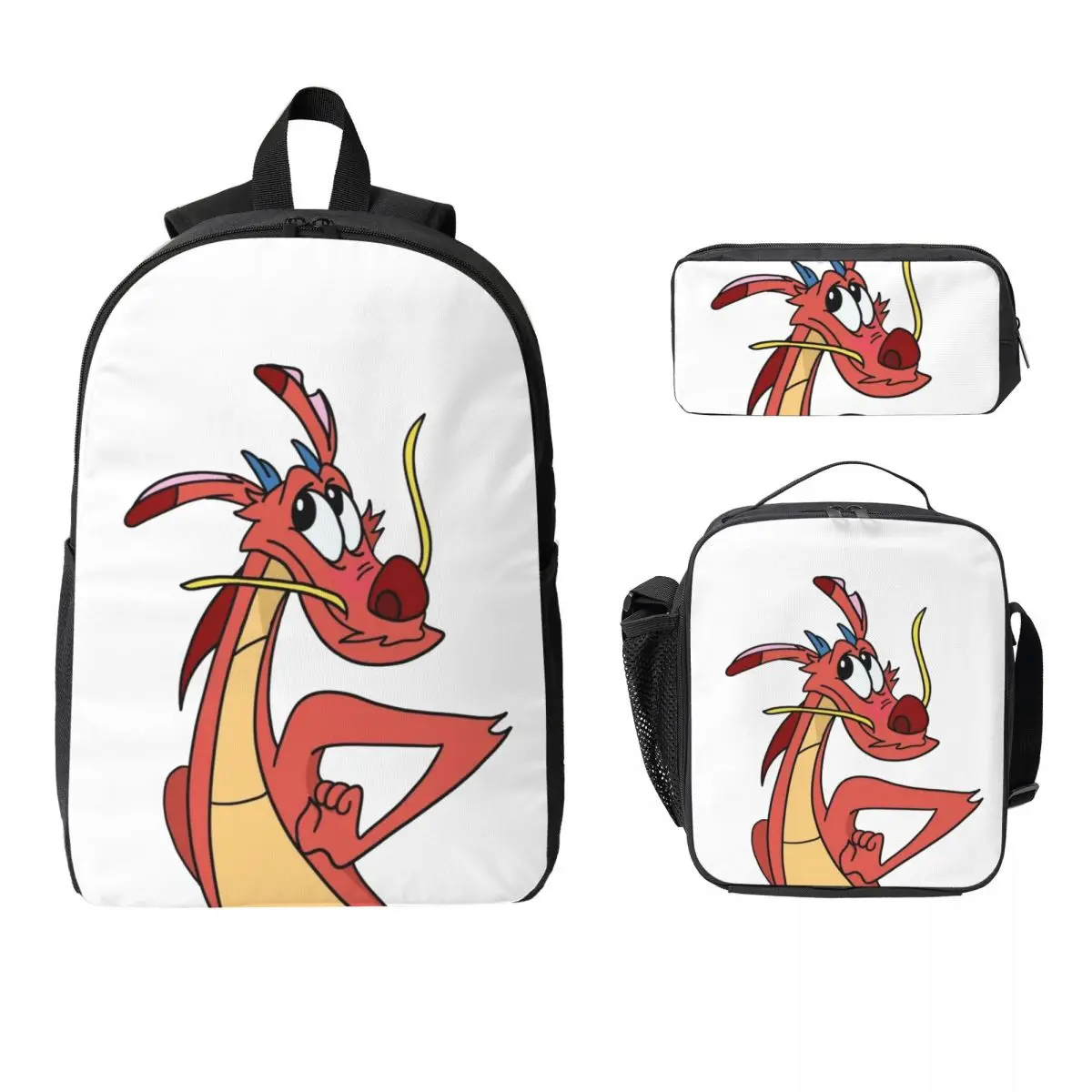 

Рюкзак Mushu From Mulan, студенческая сумка для книг для мальчиков и девочек, школьная сумка, компьютерные сумки на плечо, 3 шт., изолированная сумка для обеда, пенал