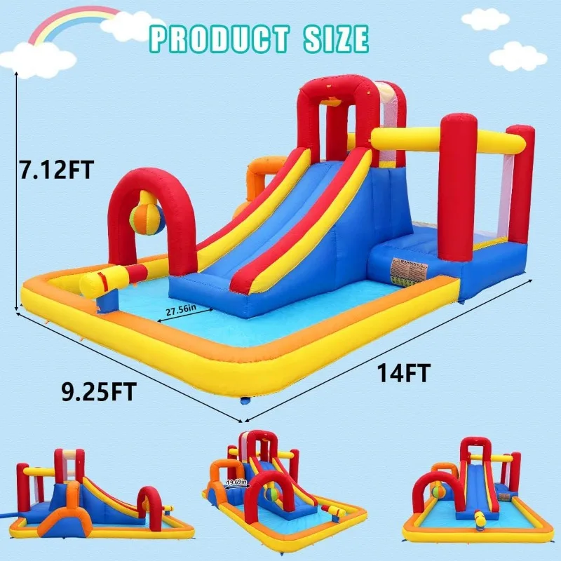 Water Park Bounce House com Blower, Splash Pool, canhão, parede de escalada, Blow Up Mobiliário Pátio, 2 Slides, 10 em 1