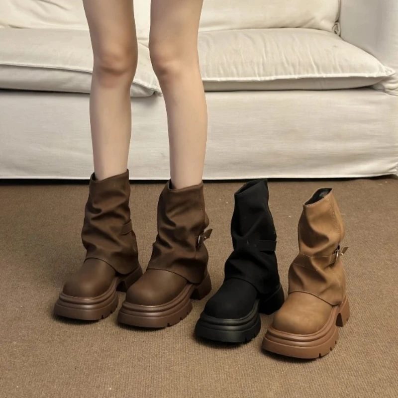 Women's Thick Bottom Boots British Style Autumn Winter Short Boots Brown Mermaid Tube Boot Daily Wear Round Toe Boots 2026 New