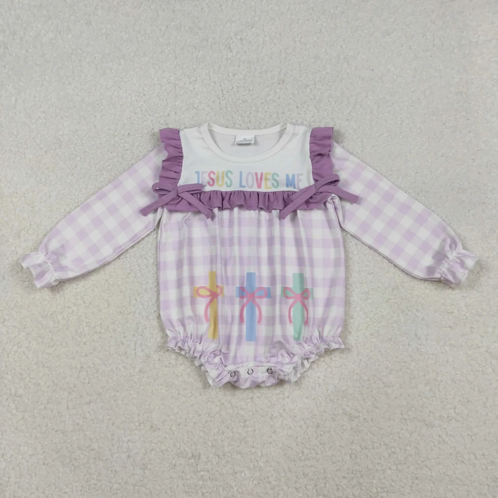 

Wholesale Newborn Toddler Ruffle Bubble Romper Infant Christmas Purple Plaid Clothes Baby Kid Children Long Sleeve Girl Jumpsuit