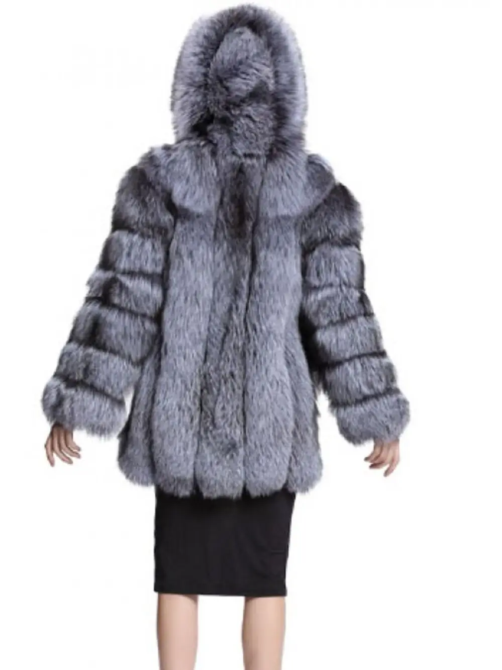 Real Silver Fox Fur Jacket with Hood for Women, Hooded Coat, Long Sleeves, Natural, Thick, Female, Winter