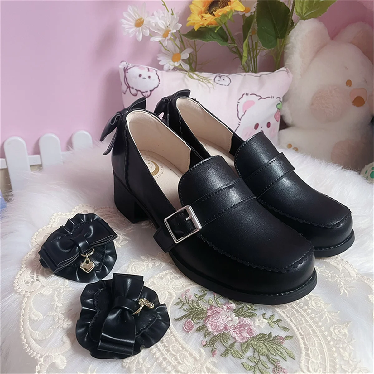 Chaussures Style collège japonais pour filles, Cosplay pour étudiantes, chaussures uniformes JK à volants, tête ronde avec nœud papillon, talon moyen épais de 4cm