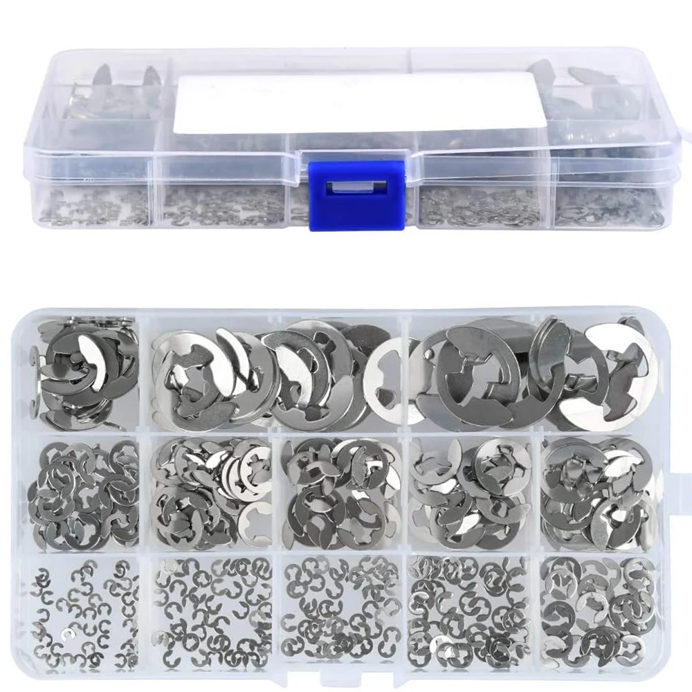 13 Size Assortment E Card Kits 1.2-15mm, 304 Stainless Steel, External Retaining Ring, E Circlip Snap Ring Washer