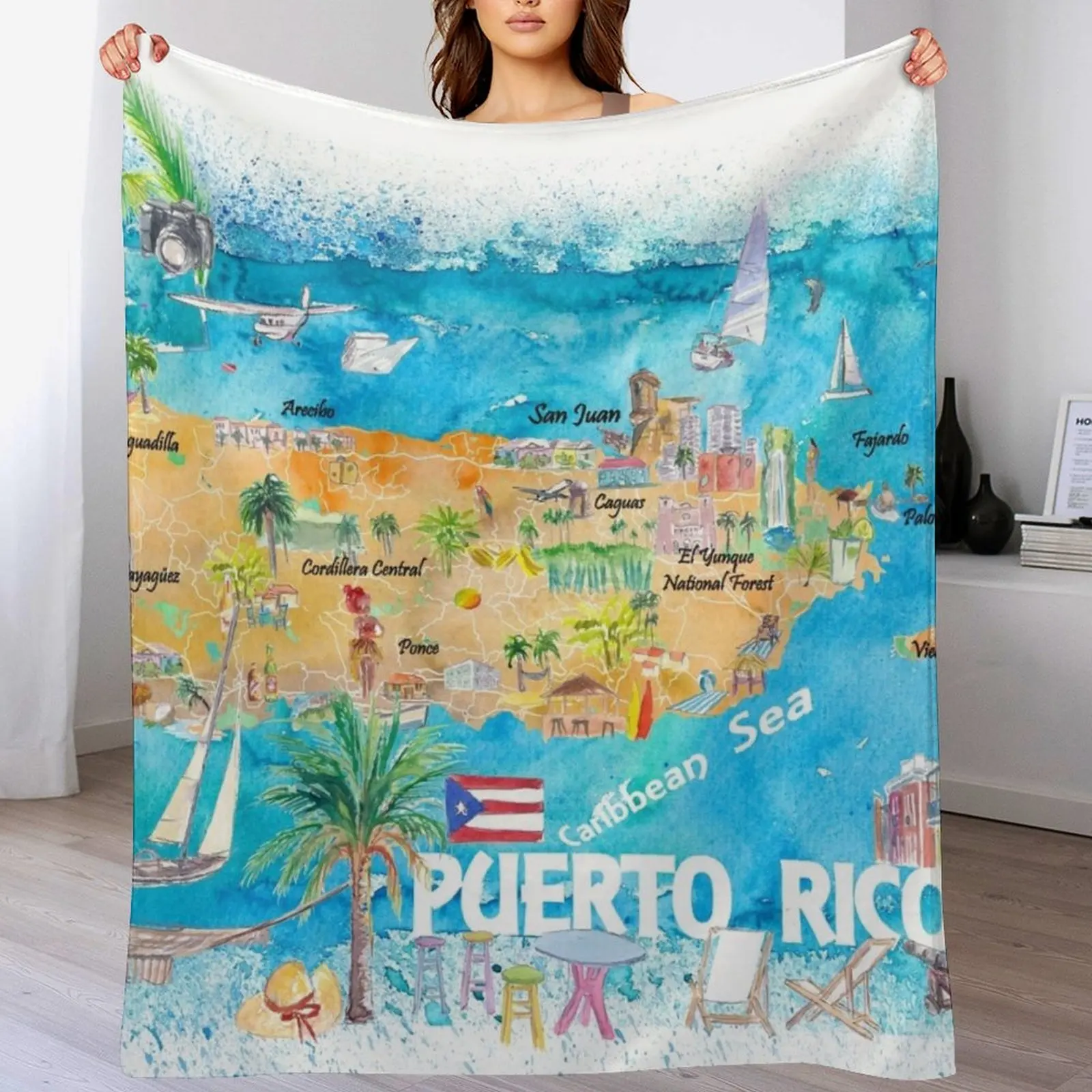 

Puerto Rico Islands Illustrated Travel Map with Roads and Highlights Throw Blanket Plaid Blankets For Baby Blankets