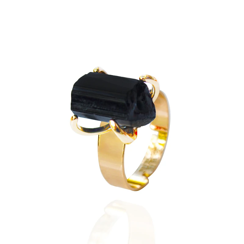 Raw Black Tourmaline Ring Resizable Golden Irregular Genuine Rough Stone Handmade Finger Jewelry for Women