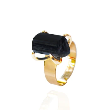 Raw Black Tourmaline Ring Resizable Golden Irregular Genuine Rough Stone Handmade Finger Jewelry for Women
