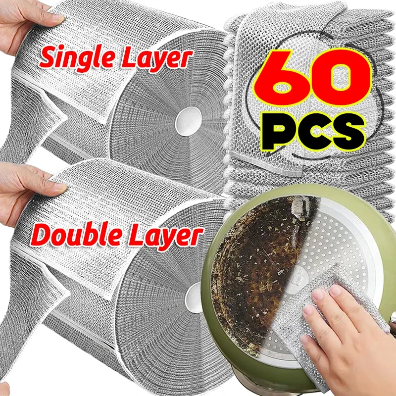 60/5Pcs Steel Wire Magic Dishcloth Cleaning Thickened Double-sided Metal Wire Rags Kitchen Dish Pot Washing Towel Scouring Pads