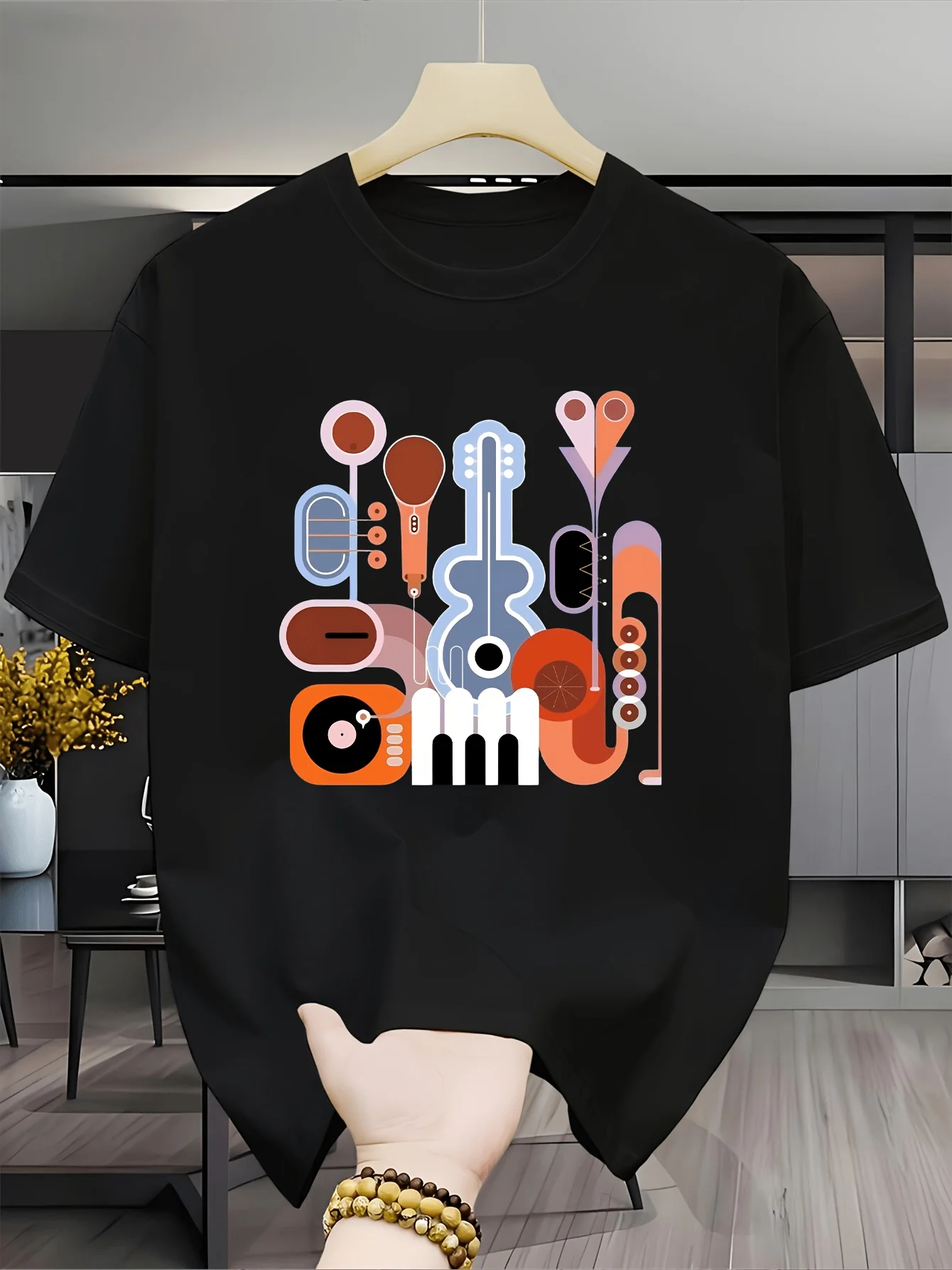 Geometric Music Art Print T-Shirt, Aesthetic Abstract Graphic Tee,Trendy Casual Short Sleeve Summer Top, Modern Streetwear Shirt