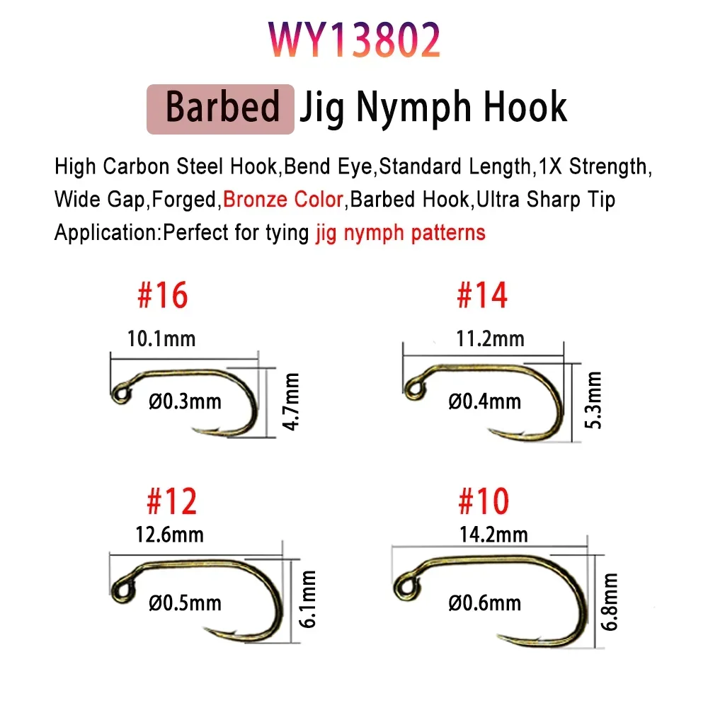 Vampfly 50pcs/Pack Barbed and Barbless Fishing Fly Tying Hook Nymphs Pupa Egg Fly Dry Fly Wet Fly Hook 60° Angle Jig Nymph Hook