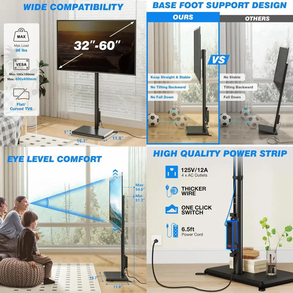 

Swivel Floor TV Stand with Power Outlet for 32-60 inch TVs, Height Adjustable Tall TV Stand with Wood Base, Hold Up to 88lbs, Sa