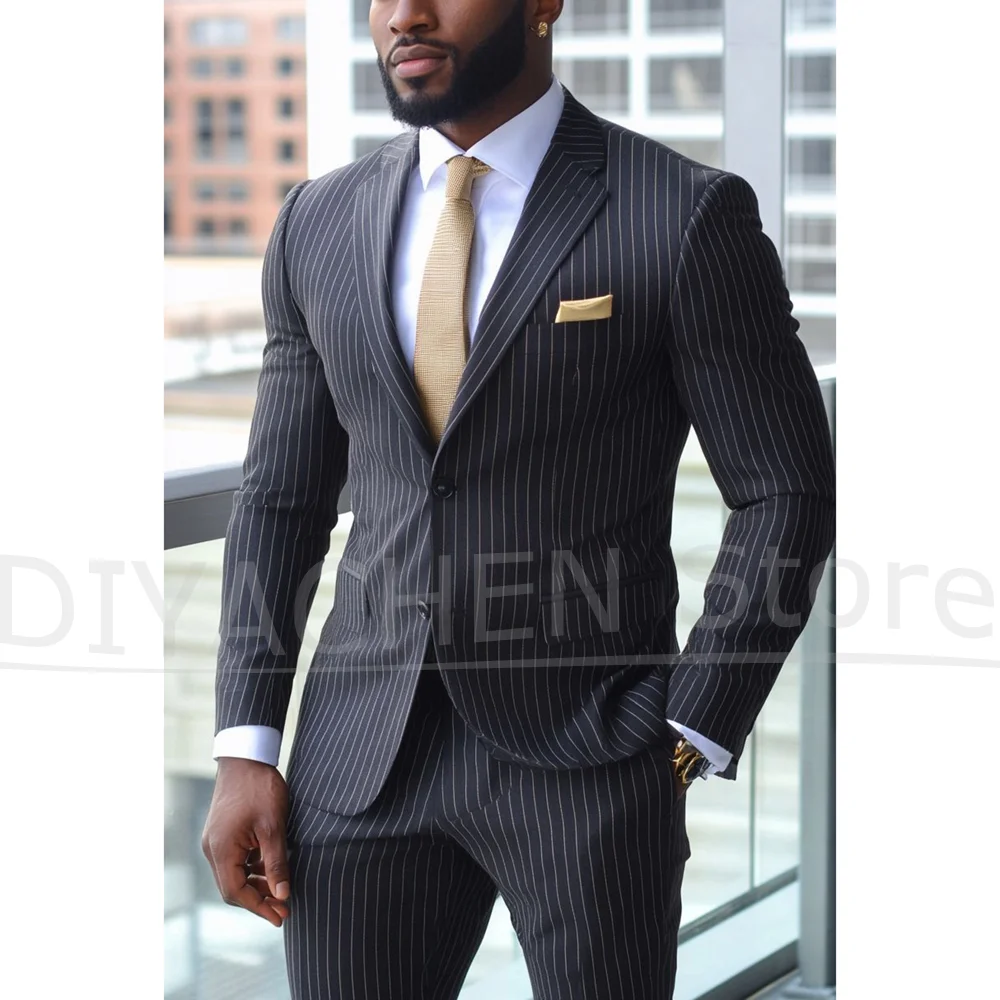 

Men's Pinstripe Suit Set 2 Piece Formal Business Stylish Slim Fit Blazer and Pants for Smart Casual High Quality Outfits