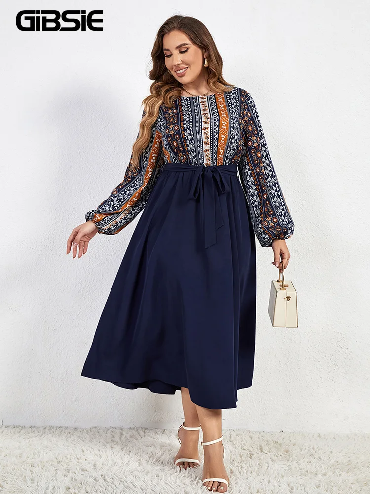 

GIBSIE Plus Size Round Neck Patchwork Print Belted Dress Spring Fall Lantern Sleeve Elegant A-line Women Long Dresses 2023 New