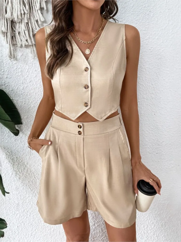 

Sleeveless Vest Top Shorts Set Summer New Sexy V-neck Single Breasted Short Top High-end Commuting Two-piece Set For Women