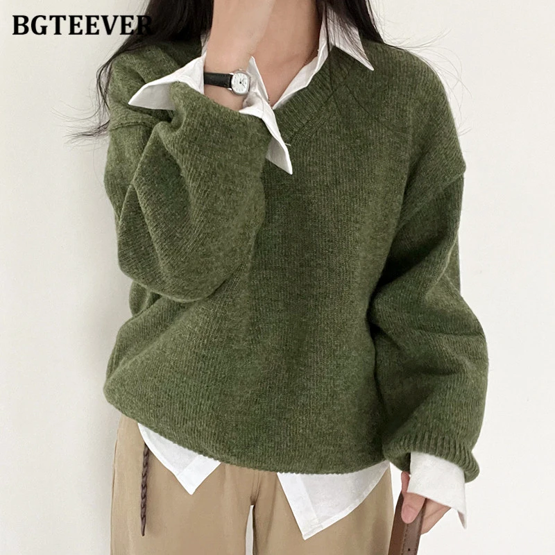 

BGTEEVER Autumn Winter Warm Sweater for Women Loose V-neck Knitted Pullovers Jumpers Ladies Long Sleeve Knitwear Tops