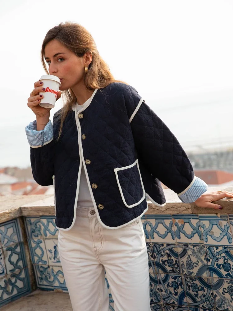 

Повседневная женская куртка из хлопка с круглым вырезом, теплая, с ромбовидным узором, модная, с эффектным дизайном