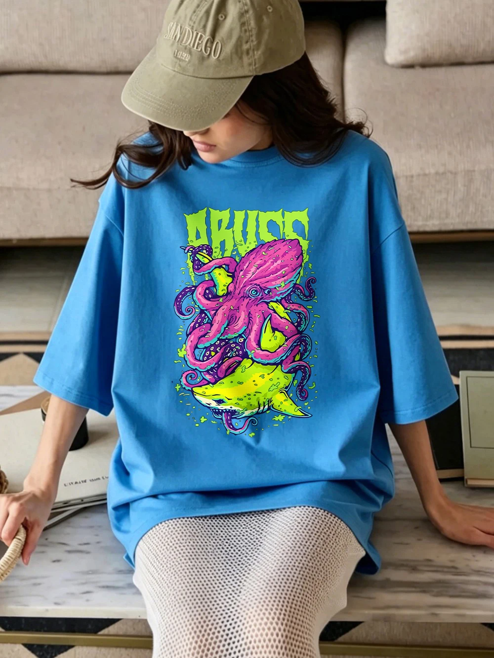 Abuzz Lila Tintenfisch Bedruckte T-Shirts Baumwolle Damen Sommer Kurzarm T-Shirts Weiche Basic Oversized Tops Lässige O-Neck Kleidung – Detail 27