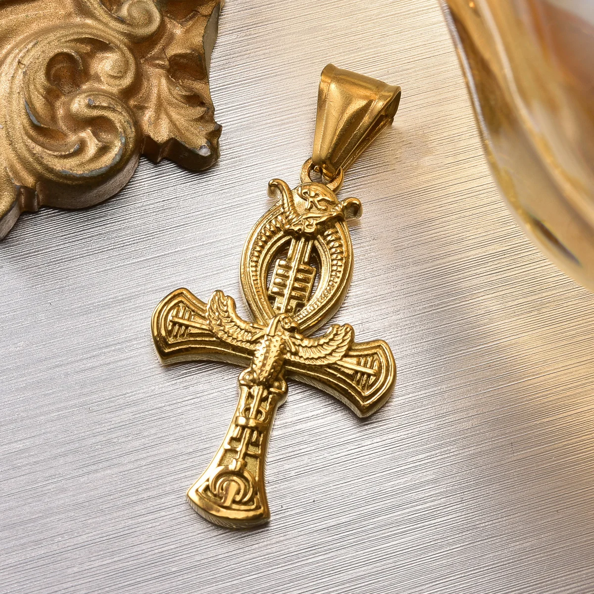 

Egyptian Ankh Cross Pendant Necklace Gold Plated Stainless Steel Charm with Eye of Horus Symbol of Life Jewelry for Men Women