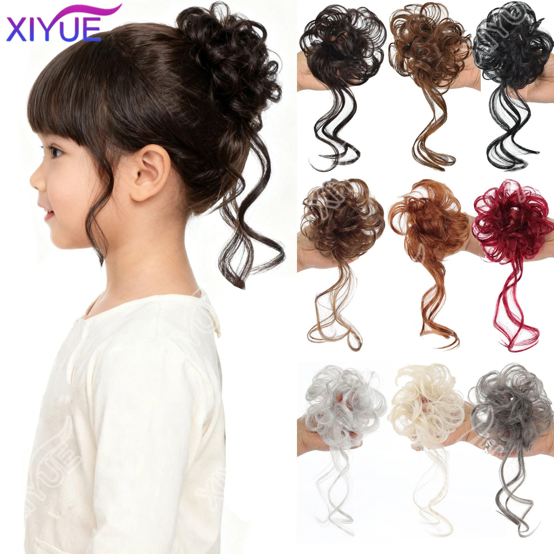 

XIYUE Children's Wig Synthetic Small Curly Hair Bun Wig Rubber Band Style Messy Curly Hair Bun Suitable For Girls Daily Wear
