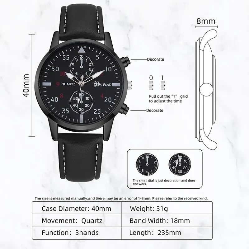 3PCS Set Fashion Mens Watches Men Necklace Bracelet Leather Quartz Watch Male Business Casual Wrist Watch Relogio Masculino