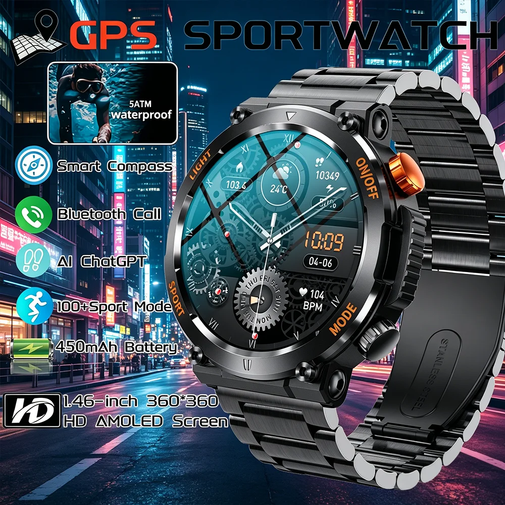 

Новые умные часы DAORKOW 2026 с GPS-навигацией, 450 мАч, военные, для мужчин, 1.46" AMOLED, GPS-трекер, водонепроницаемость 5ATM, компас, совместимость с iOS