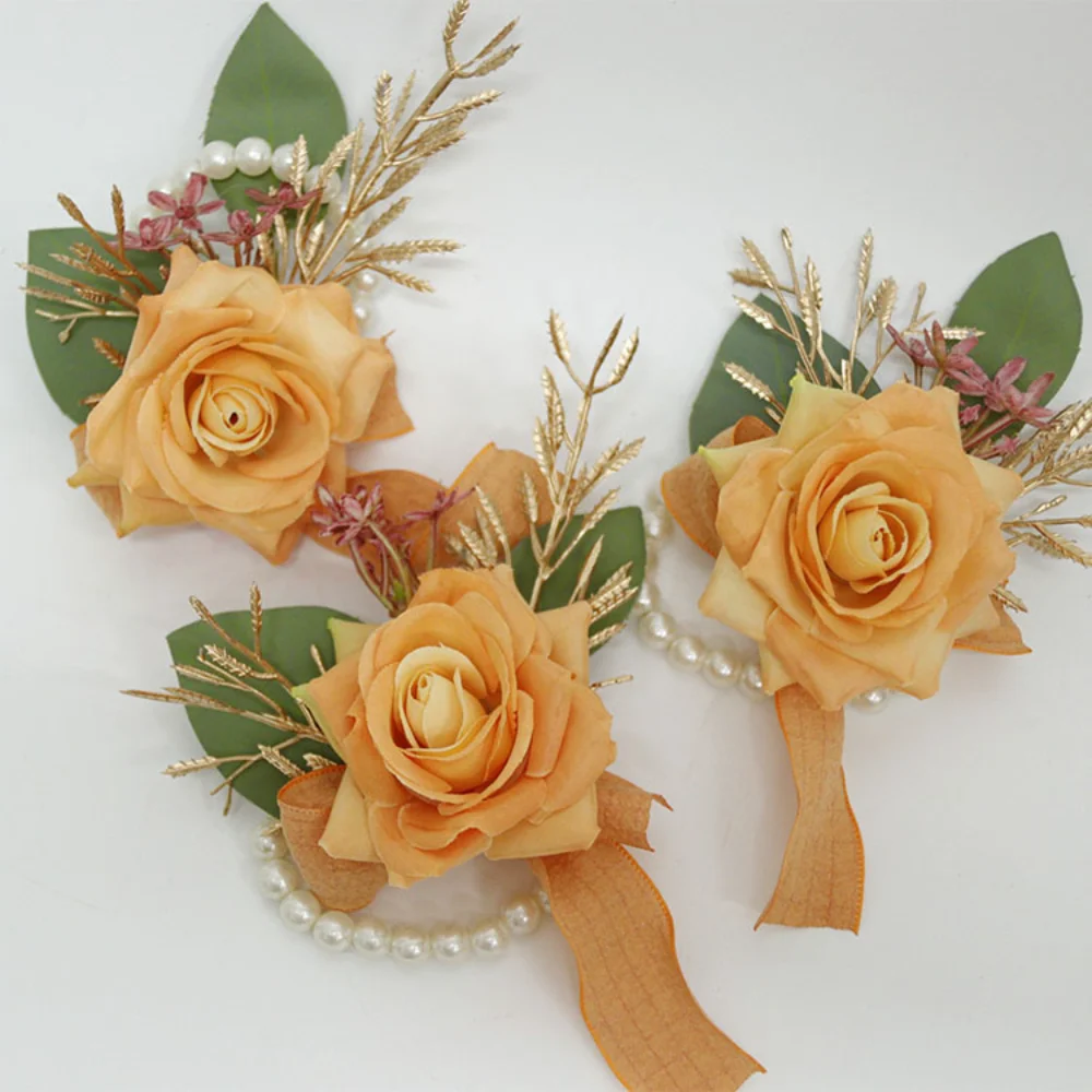 Orange Silk Rose Wedding Boutonnier for Men Suits Artificial Flowers Wedding Groomsmen Bridesmaid Corsage groom flower pins