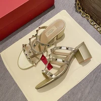 Women's Sandals Gladiator Summer 2026 Luxury Brand Designer Heeled Slipper Leather Silver Rivets High Heels Ladies Shoes Women