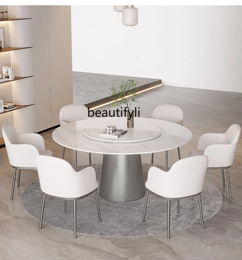 Italian Bright Stone Plate round Table with Turntable Modern Simple Home Stainless Steel round Dining Table